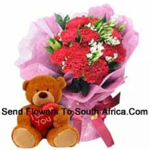 Bunch Of 12 Red Carnations With Seasonal Fillers Along With A Cute 12 Inches Tall Brown Teddy Bear