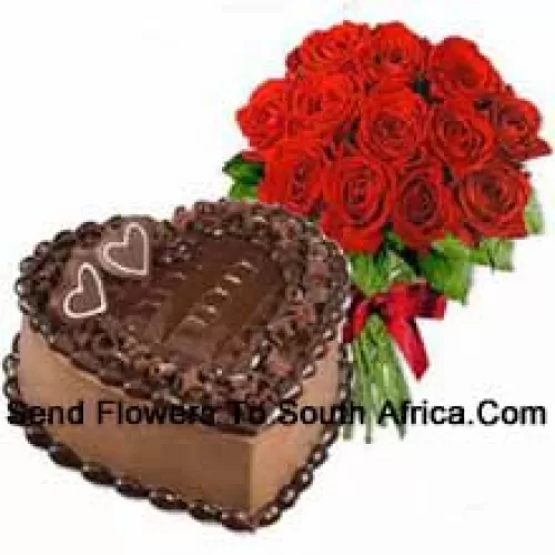 Bunch Of 12 Red Roses With Seasonal Fillers Along With 1 Kg Heart Shaped Chocolate Cake