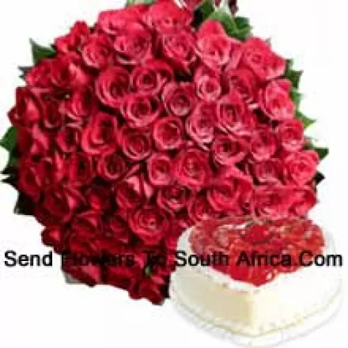Bunch Of 100 Red Roses With Seasonal Fillers Along With 1 Kg Heart Shaped Vanilla Cake (Please note that cake delivery is only available for Metro Manila Region. Any cake delivery orders outside Metro Manila will be substituted with Chocolate Brownie Cake without cream or the recipient shall be offered a Red Ribbon Voucher enough to buy the same cake)