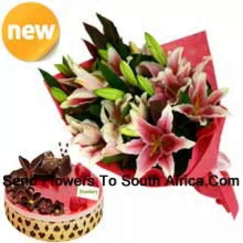 A Beautiful Hand Bunch Of Pink Lilies And 1 Kg Strawberry Cake (Please note that cake delivery is only available for Metro Manila Region. Any cake delivery orders outside Metro Manila will be substituted with Chocolate Brownie Cake without cream or the recipient shall be offered a Red Ribbon Voucher enough to buy the same cake)