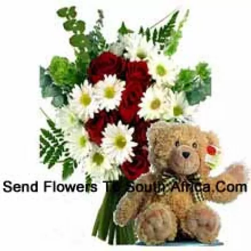 Botte de roses rouges et de gerberas blancs accompagnée d'un mignon ours en peluche brun de 12 pouces de hauteur