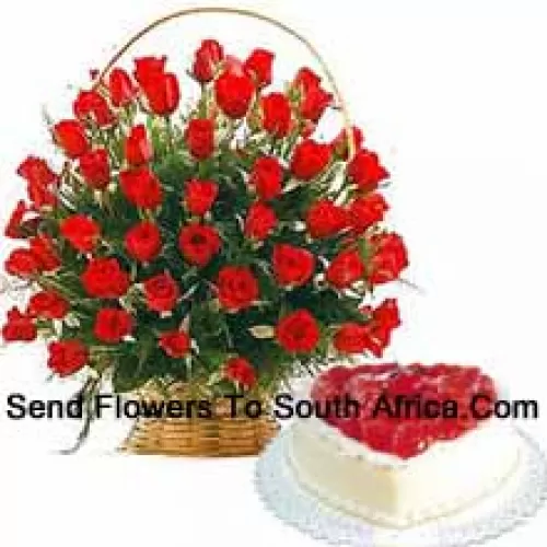 A Beautiful Basket Of 50 Red Roses With Seasonal Fillers And A 1 Kg Heart Shaped Vanilla Cake (Please note that cake delivery is only available for Metro Manila Region. Any cake delivery orders outside Metro Manila will be substituted with Chocolate Brownie Cake without cream or the recipient shall be offered a Red Ribbon Voucher enough to buy the same cake)