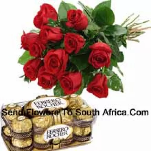Bunch Of 12 Red Roses With Seasonal Fillers Accompanied With A Box Of 16 Pcs Ferrero Rochers