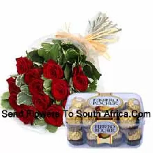 Bunch Of 12 Red Roses With Seasonal Fillers Along With 16 Pcs Ferrero Rochers