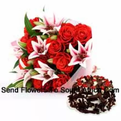A Beautiful Hand Bunch Of Pink Roses And Pink Lilies Along With 1 Kg (2.2 lbs) Chocolate Crisp Cake (Please note that cake delivery is only available for Metro Manila Region. Any cake delivery orders outside Metro Manila will be substituted with Chocolate Brownie Cake without cream or the recipient shall be offered a Red Ribbon Voucher enough to buy the same cake)
