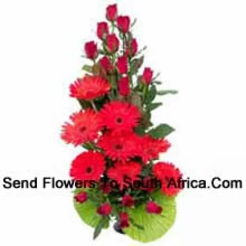 Basket Of Red Roses And Red Gerberas