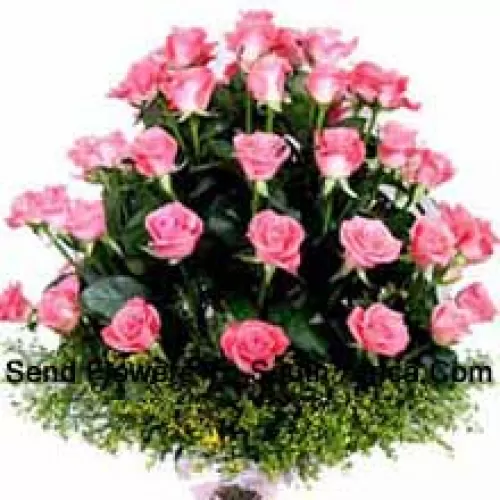 Basket Of 30 Pink Roses With Seasonal Fillers