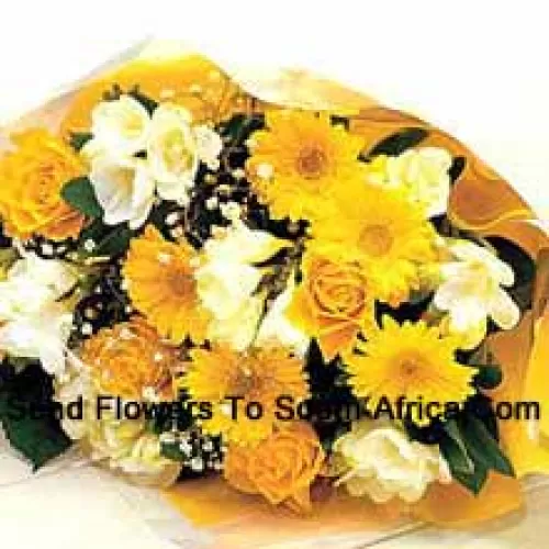 Bouquet de 6 Marguerites Jaunes Avec 6 Roses Jaunes