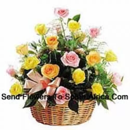 A Beautiful Basket Of 24 Mixed Colored Roses