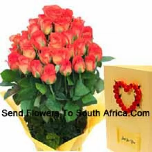 Bouquet de 30 roses oranges avec une carte de vœux gratuite