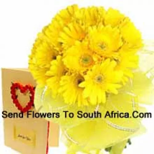 Bouquet de 18 gerberas jaunes avec une carte de vœux gratuite
