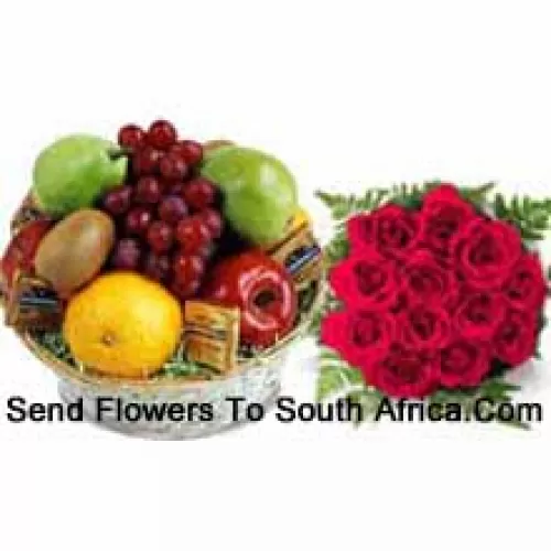 Bunch Of 12 Red Roses With 5 Kg (11 Lbs) Fresh Fruit Basket
