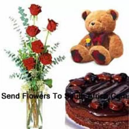 6 Red Roses In A Vase With 1/2 Kg (1.1 Lbs) Chocolate Cake and a Medium Sized Cute Teddy Bear