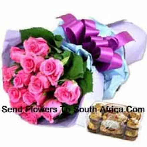 Bunch Of 12 Pink Roses With 16 Pcs Ferrero Rocher