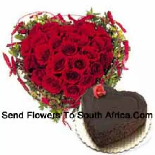 Heart Shaped Arrangement Of 40 Red Roses Along With 1 Kg Heart Shaped Chocolate Cake