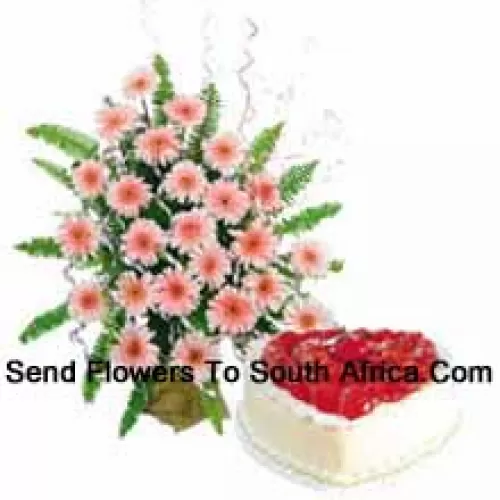 Basket Of 24 Pink Colored Gerberas Along With A 1 Kg Heart Shaped Vanilla Cake