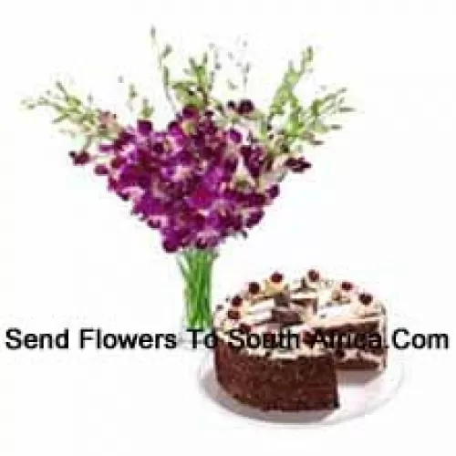 Orchids In A Vase Along With 1 Kg Black Forest Cake