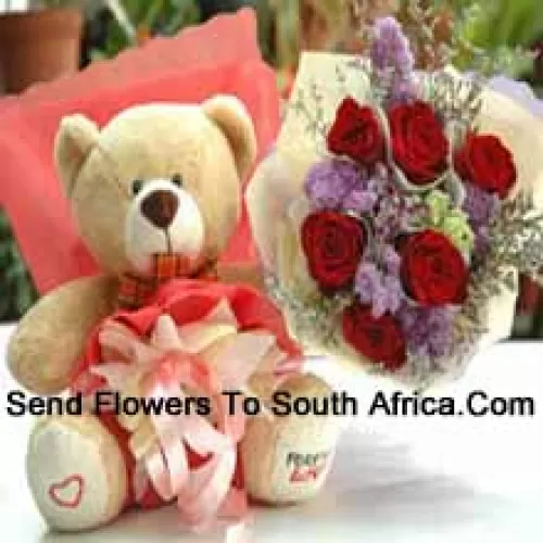 Bunch Of 6 Red Roses And A Medium Sized Cute Teddy Bear