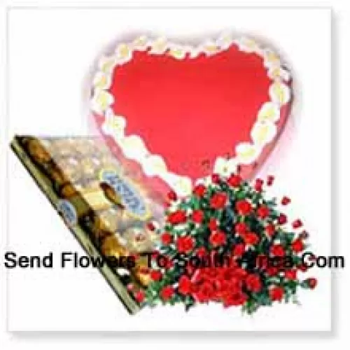 Basket Of 100 Red Roses With 24 Pcs Ferrero Rocher and a 1 Kg (2.2 Lbs) Strawberry Cake