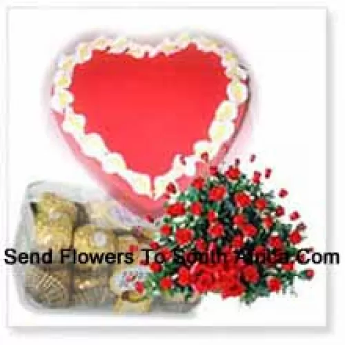 Basket Of 100 Red Roses With 16 Pcs Ferrero Rocher and a 1 Kg (2.2 Lbs) Strawberry Cake