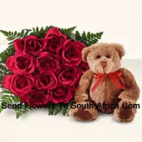 Bouquet de 12 roses rouges avec un mignon ours en peluche brun de 20 cm