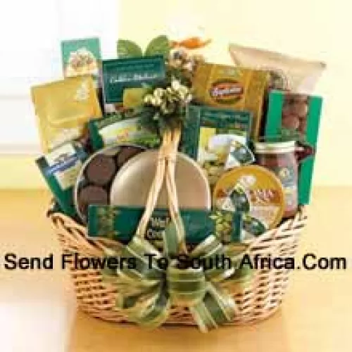 Start a tradition of sending good taste to everyone on your holiday gift list this year. Our classic wicker basket comes piled high with a gourmet assortment that is sure to please. Whether you need something to send to corporate clients or your favorite aunt and uncle, this gift basket is up to the job. We accent the basket with green and gold ribbon and holiday accents to make a great impression. Inside your recipients will discover an assortment that features something for everyone: Lindt chocolate truffles, smoked almonds, walnut cookies, chocolate cookies, chocolate-covered popcorn, cheese, crackers, a Ghirardelli chocolate bar, tortilla chips, salsa, chocolate wafer cookies , cheese swirls, and chocolate-covered sandwich cookies. (Please Note That We Reserve The Right To Substitute Any Product With A Suitable Product Of Equal Value In Case Of Non-Availability Of A Certain Product)